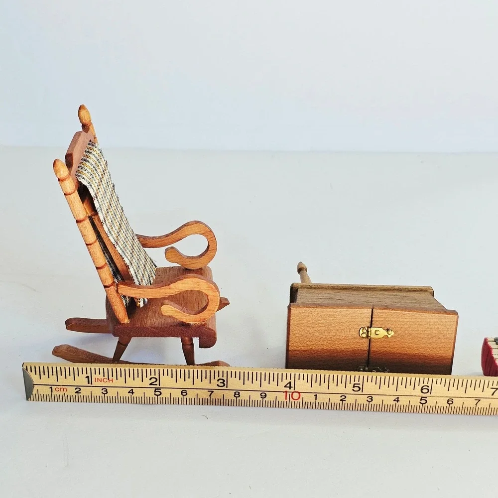 Vtg Wood Dollhouse Furniture Set Highboy Dresser Rocker Basinet Miniature Decor